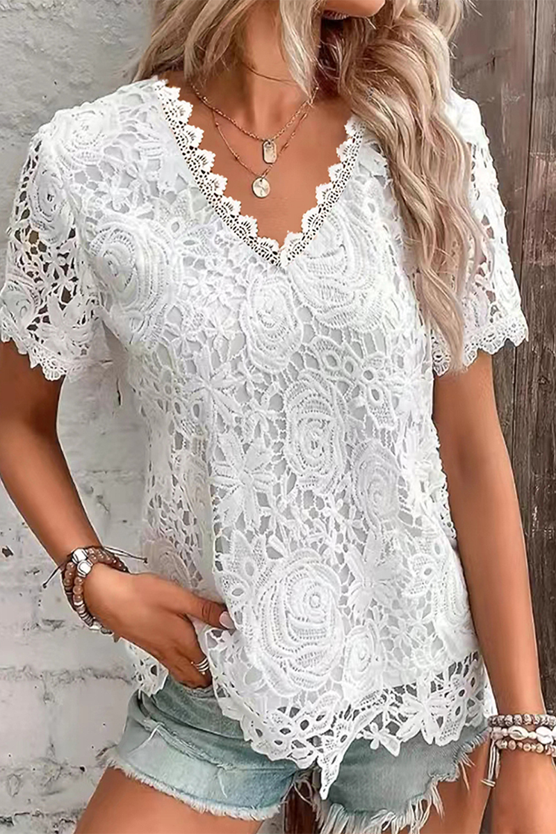 Casual Daily Solid Color Lace V Neck T-Shirts(5 Colors) White