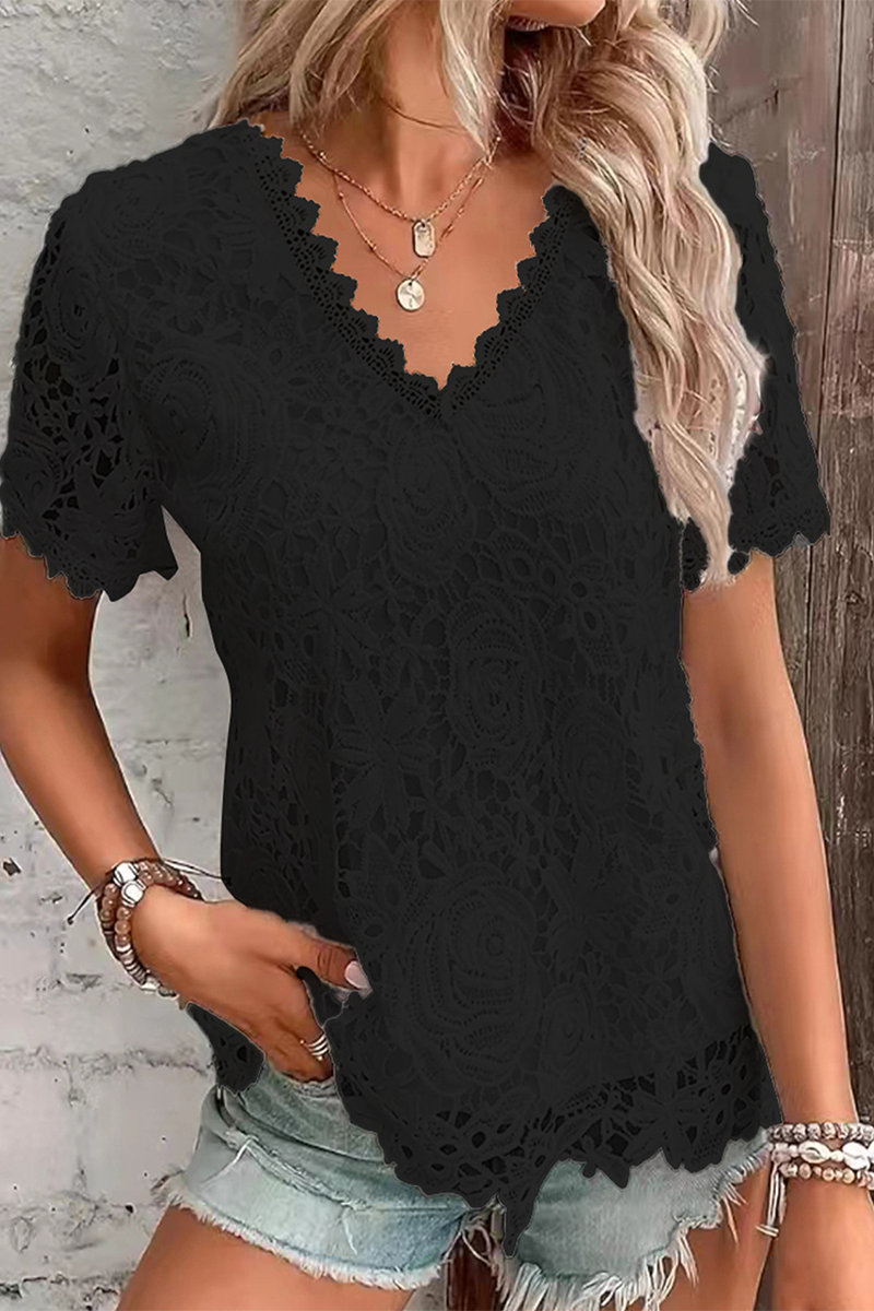 Casual Daily Solid Color Lace V Neck T-Shirts(5 Colors) Black