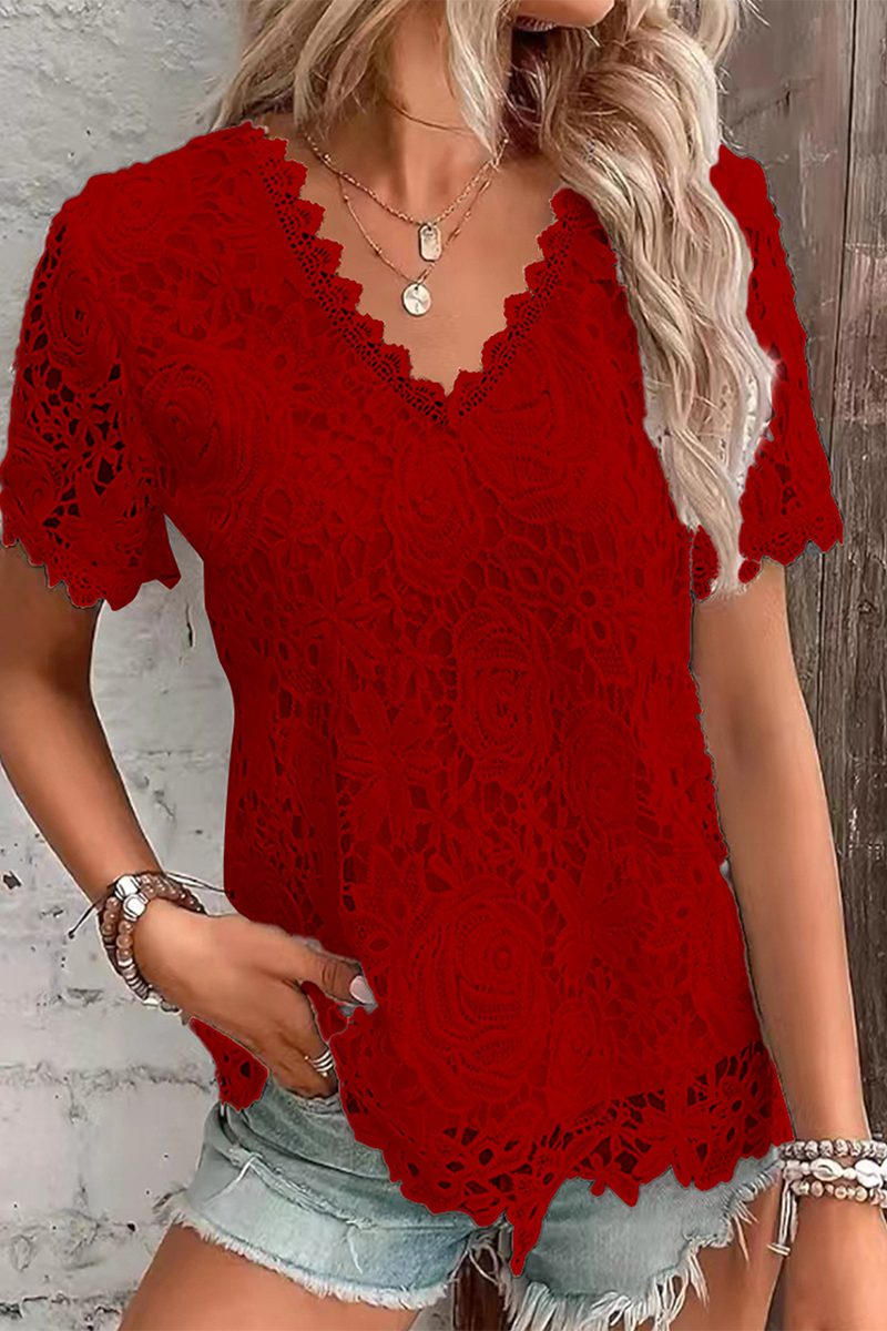 Casual Daily Solid Color Lace V Neck T-Shirts(5 Colors) Red