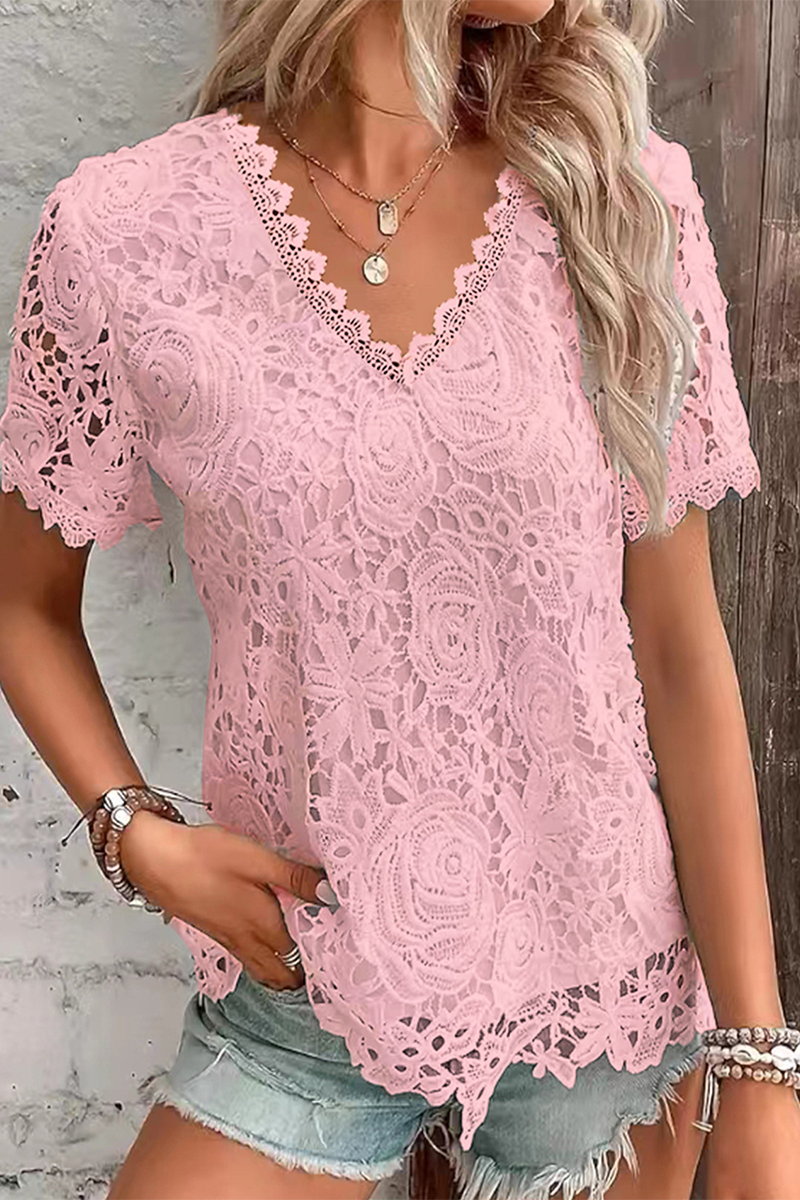 Casual Daily Solid Color Lace V Neck T-Shirts(5 Colors) Pink