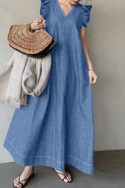 Casual Solid Color Basic V Neck Sleeveless Loose Denim Dresses(3 Colors) Sky Blue