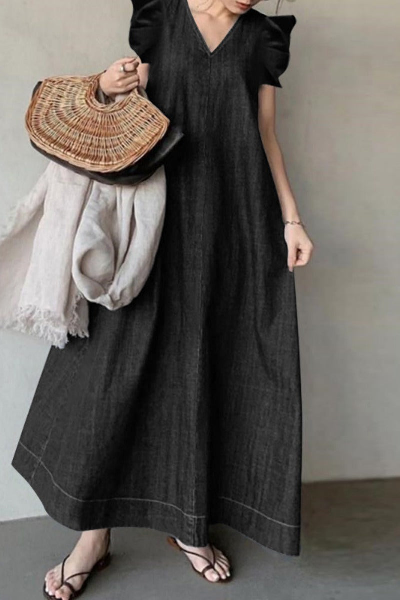 Casual Solid Color Basic V Neck Sleeveless Loose Denim Dresses(3 Colors) Black