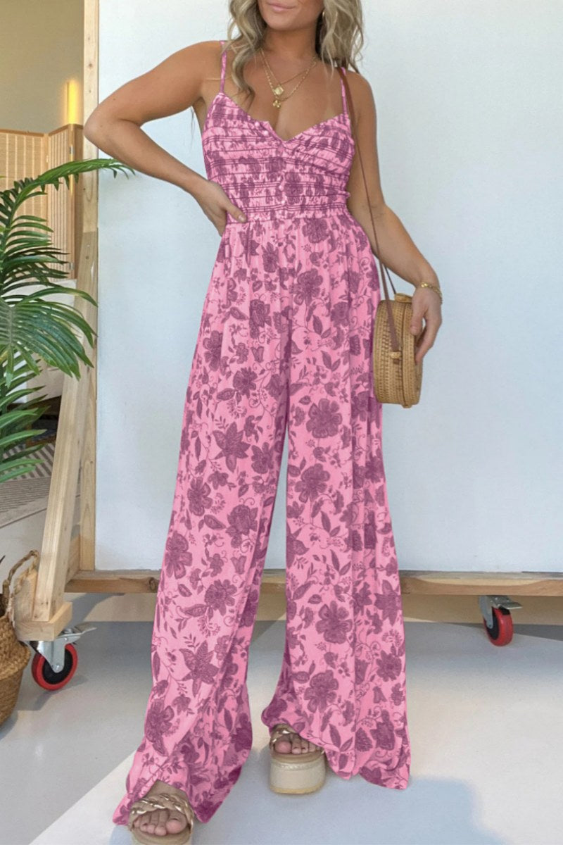 Casual Floral Print Backless Spaghetti Strap Regular Jumpsuits(6 Colors) Pink