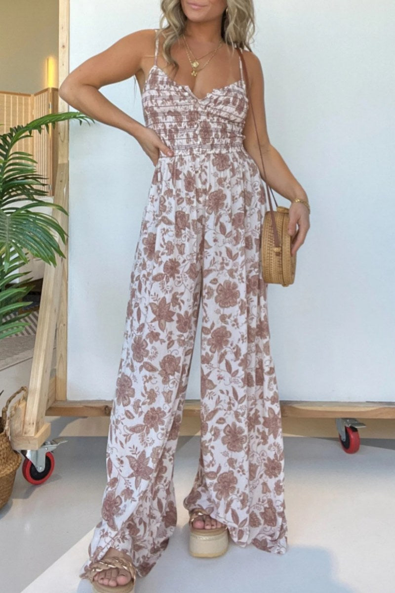 Casual Floral Print Backless Spaghetti Strap Regular Jumpsuits(6 Colors) Khaki