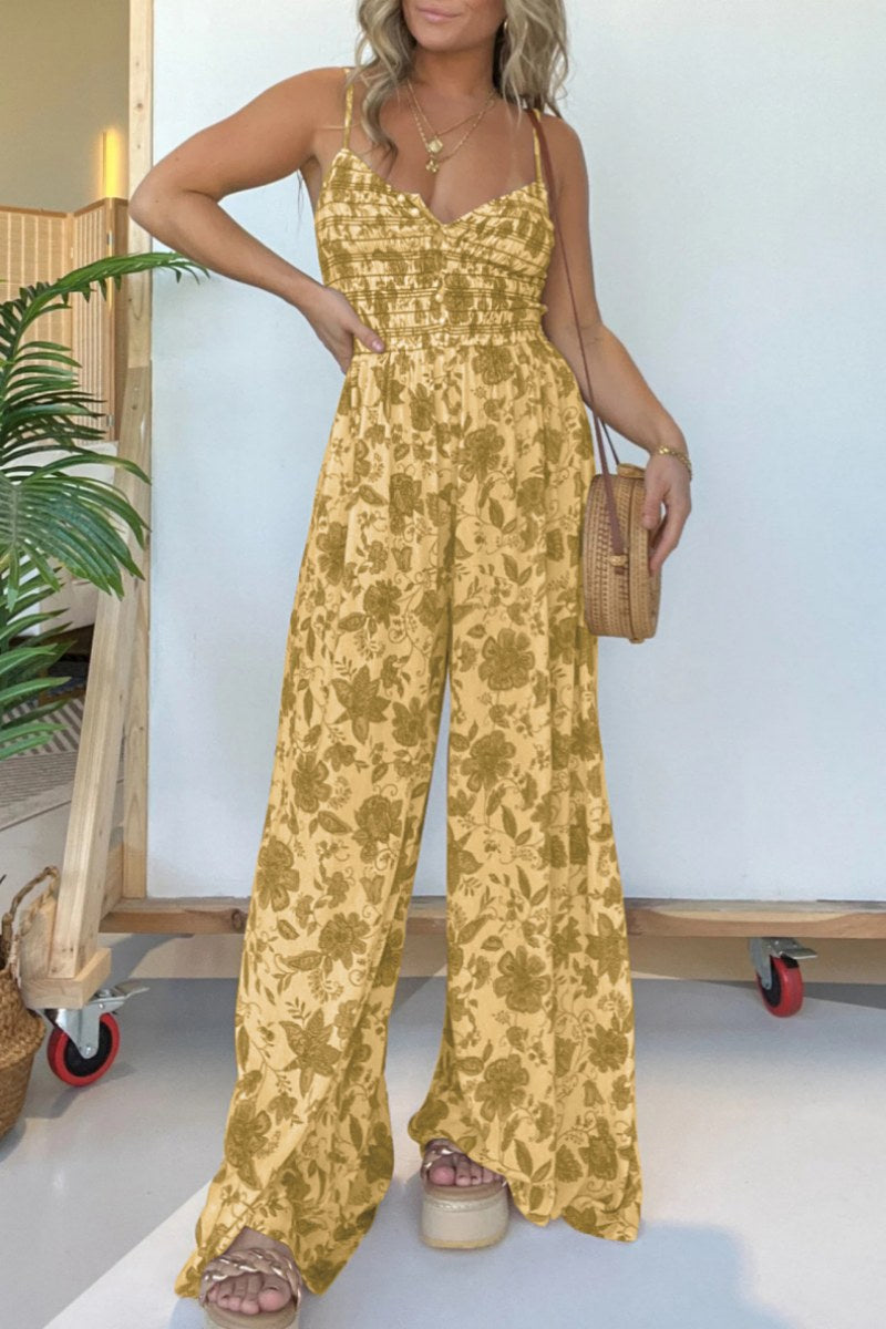 Casual Floral Print Backless Spaghetti Strap Regular Jumpsuits(6 Colors) Yellow