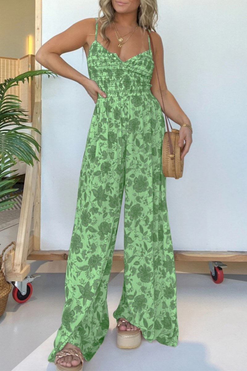 Casual Floral Print Backless Spaghetti Strap Regular Jumpsuits(6 Colors) Green