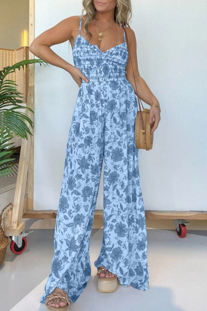 Casual Floral Print Backless Spaghetti Strap Regular Jumpsuits(6 Colors) Blue