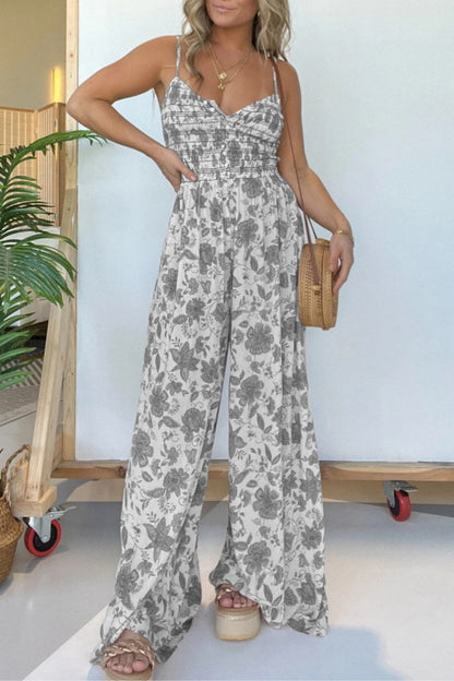 Casual Floral Print Backless Spaghetti Strap Regular Jumpsuits(6 Colors) Grey