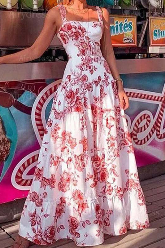 Casual Vacation Flowers Print Square Neck Sling Dresses(3 Colors) Red