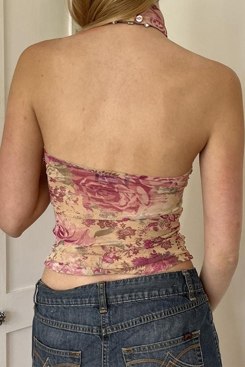 Sexy Floral Print Backless Halter Tops