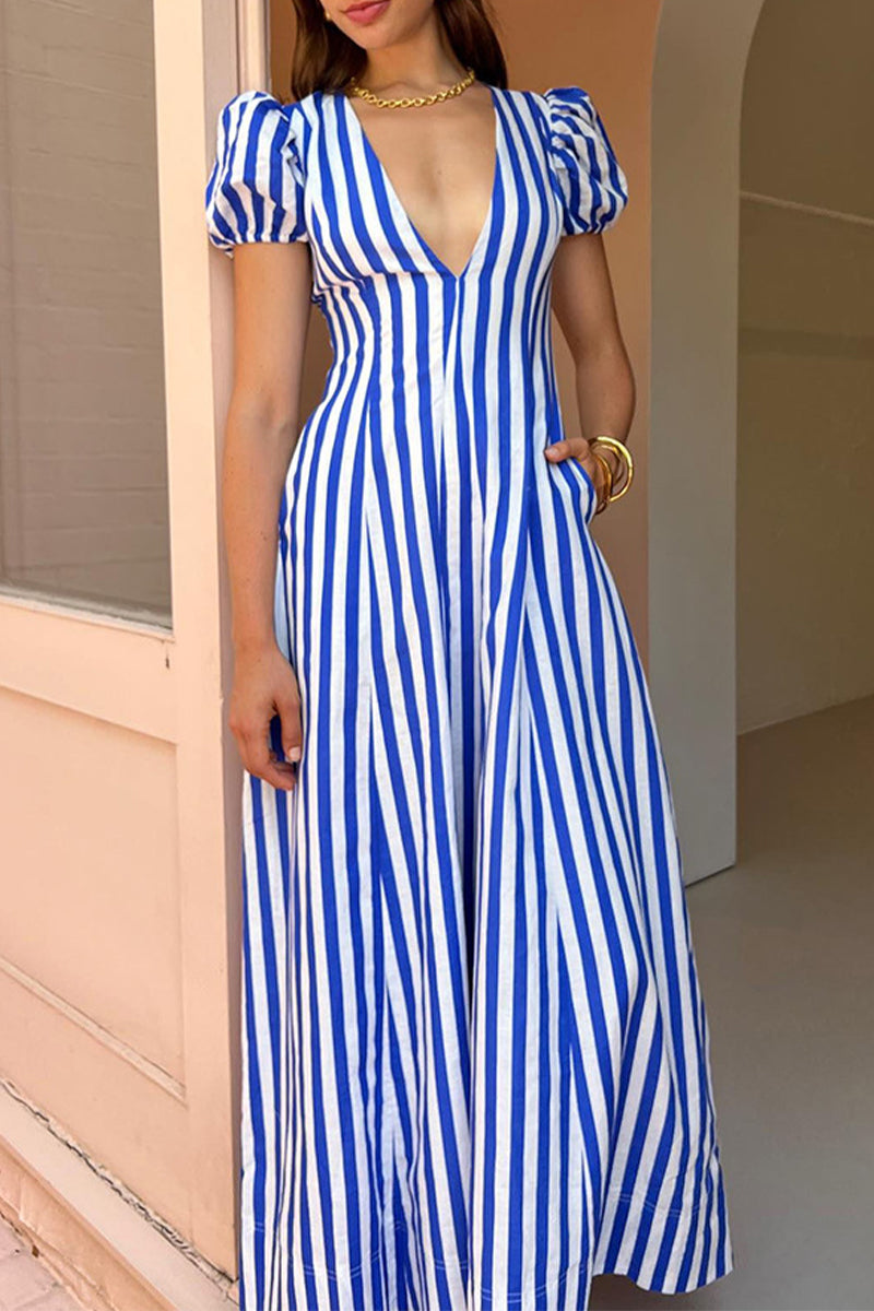 Casual Striped Print Pocket Contrast V Neck A Line Short Sleeve Dress