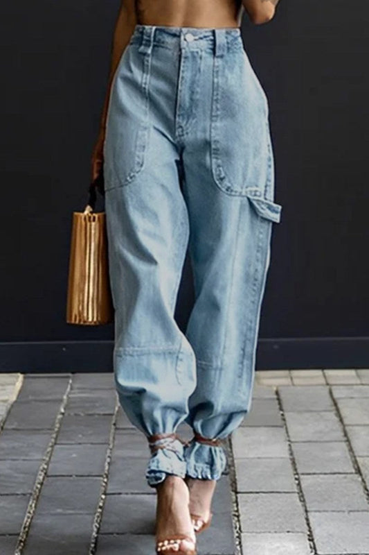 Casual Solid Color Pocket Belted Regular Denim Jeans (Subject To The Actual Object ) Light Blue