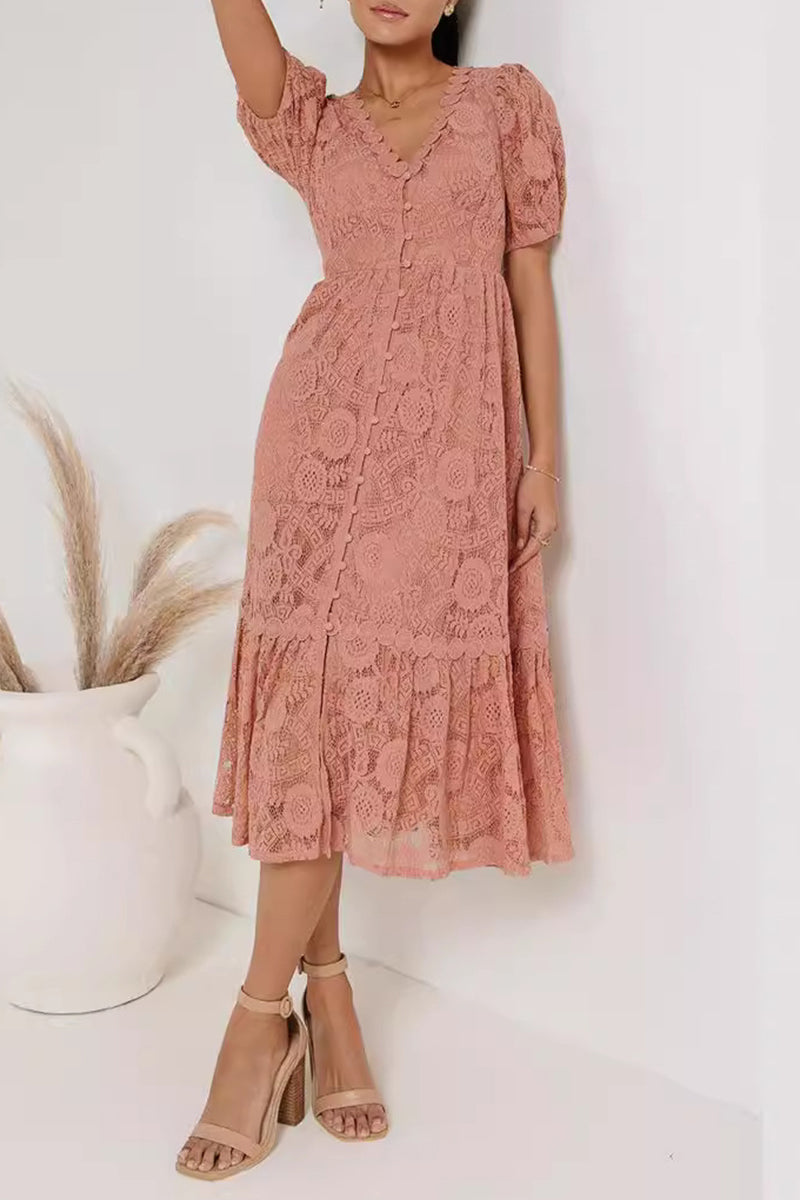 Casual Daily Solid Color Lace Buttons V Neck A Line Dresses(4 Colors) Pink