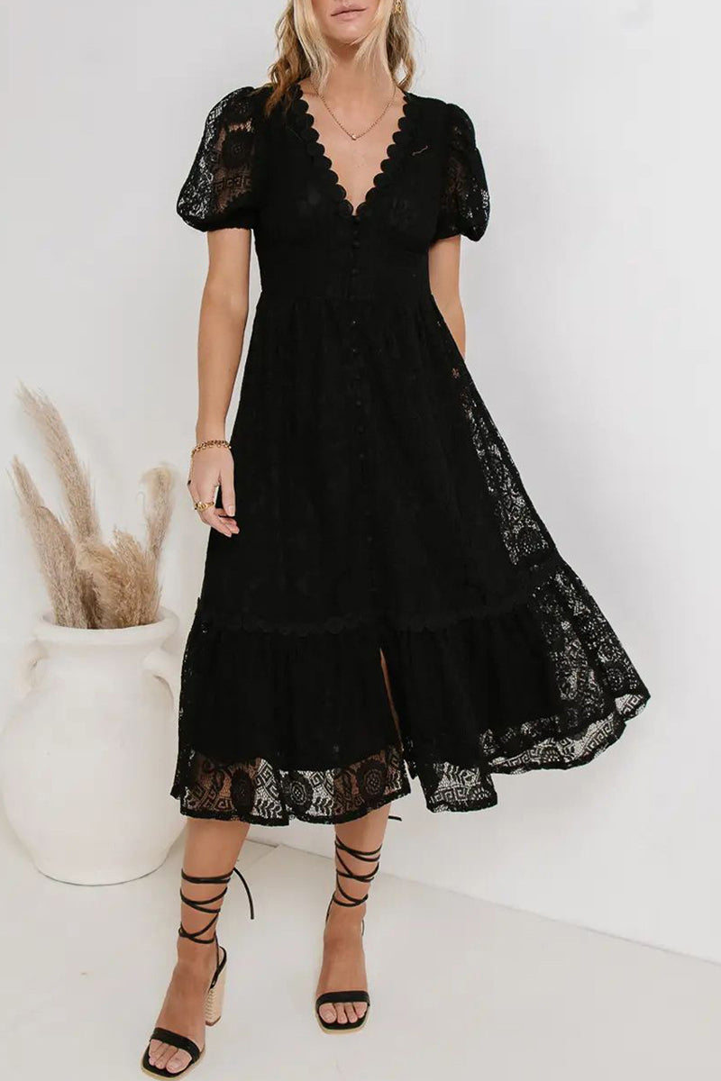 Casual Daily Solid Color Lace Buttons V Neck A Line Dresses(4 Colors)