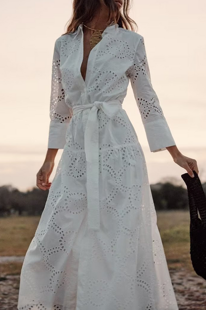 Casual Daily Solid Color Embroidered Hollow Out Lace Up Turndown Collar A Line Dresses White