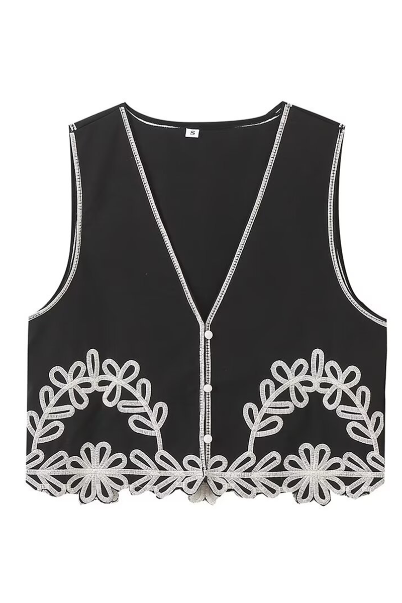 Casual Street Solid Color Embroidered Contrast V Neck Sleeveless Two Pieces