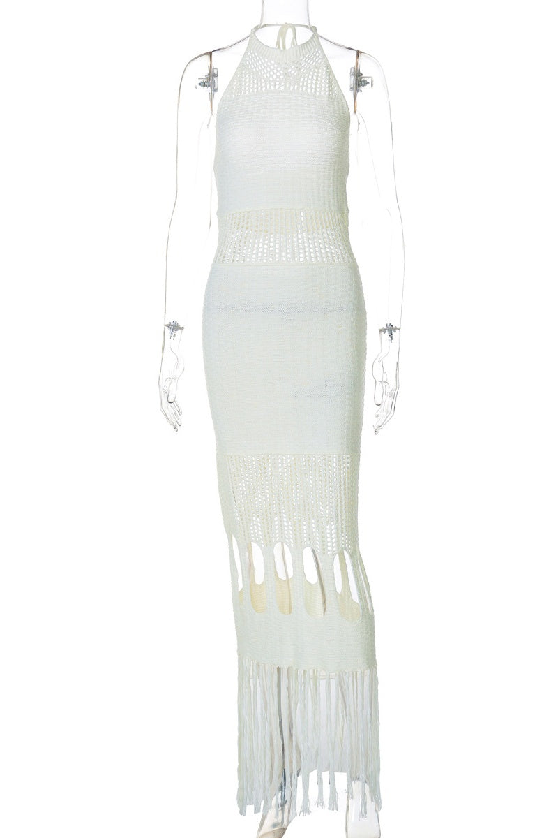 Sexy Solid Color Fringed Trim Hollow Out Backless Halter Long Dresses