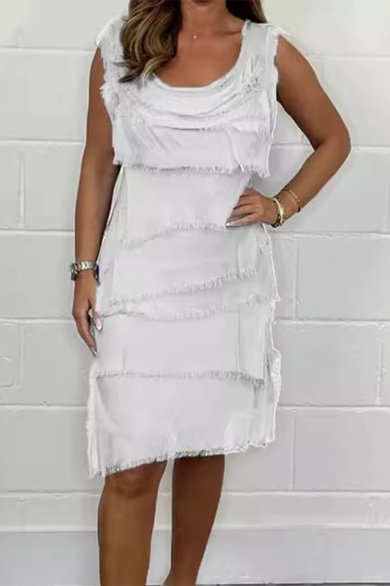 Casual Solid Color Fringed Trim Patchwork U Neck Sleeveless Dresses(7 Colors) White