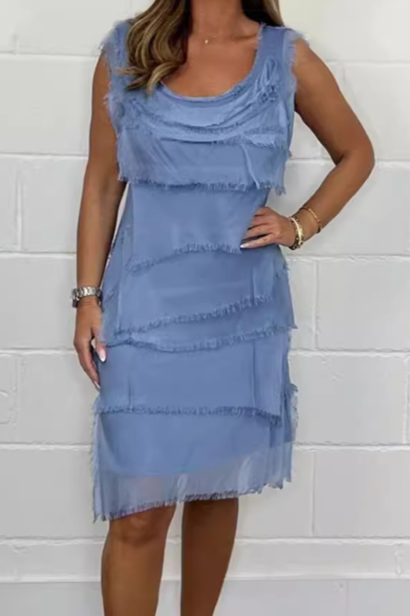 Casual Solid Color Fringed Trim Patchwork U Neck Sleeveless Dresses(7 Colors) Sky Blue