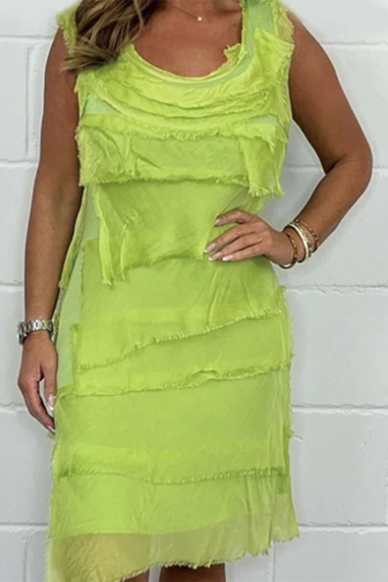 Casual Solid Color Fringed Trim Patchwork U Neck Sleeveless Dresses(7 Colors) Fluorescent Yellow