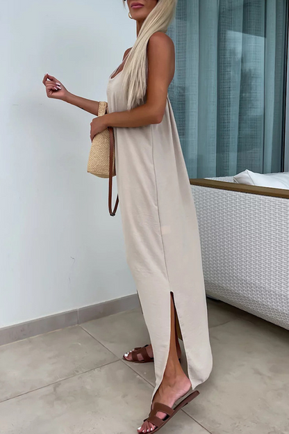 Casual Solid Color Backless Slit U Neck Sling Dresses(5 Colors)