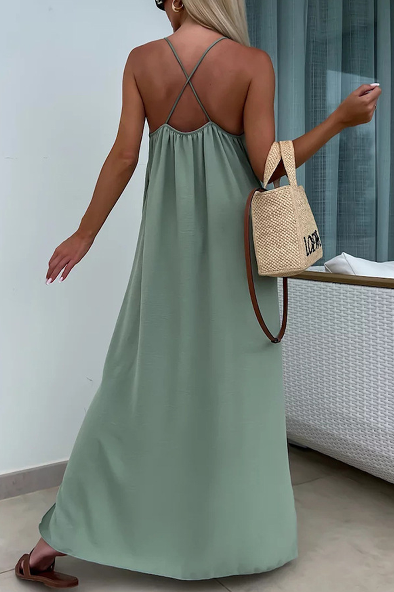 Casual Solid Color Backless Slit U Neck Sling Dresses(5 Colors)