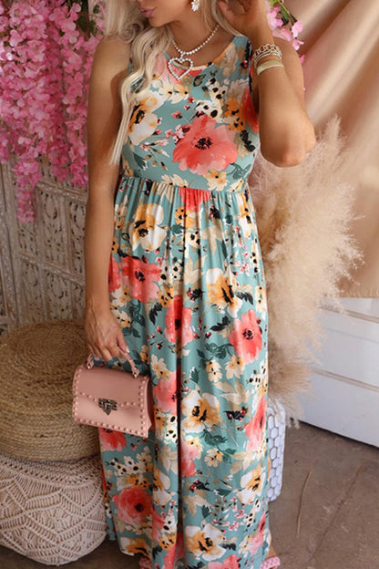 Casual Floral Print Basic O Neck Long Dresses Multicolor