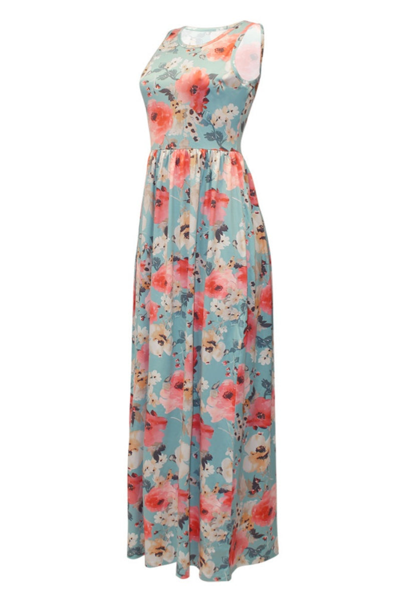 Casual Floral Print Basic O Neck Long Dresses