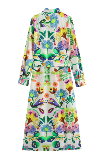 Casual Floral Print Patchwork With Belt Turndown Collar Printed Dresses