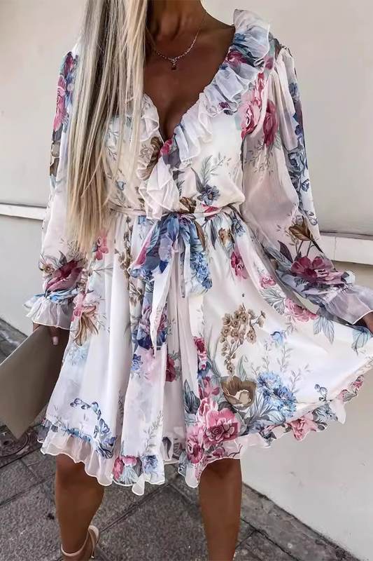 Sexy Floral Print Lace Up Ruffle V Neck Waist Skirt Dresses Cream White