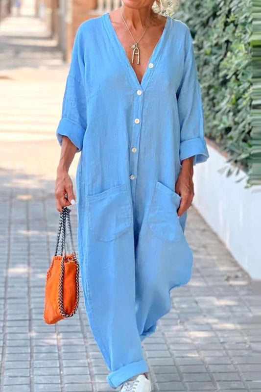 Casual Solid Color Pocket Buttons V Neck Regular Jumpsuits Sky Blue