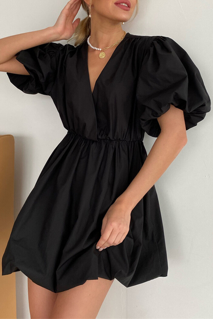 Casual Solid Color Ruched V Neck Princess Short Sleeve Dress(5 Colors) Black