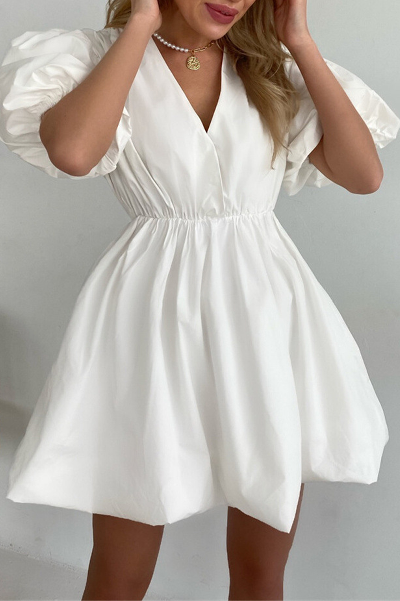 Casual Solid Color Ruched V Neck Princess Short Sleeve Dress(5 Colors) White