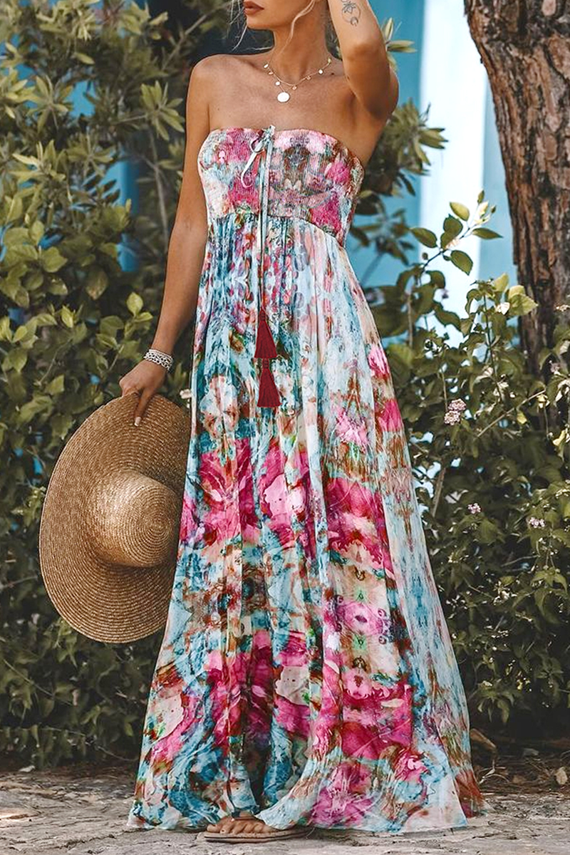 Sexy Vacation Flowers Print Fringed Trim Strapless Strapless Dresses Pink