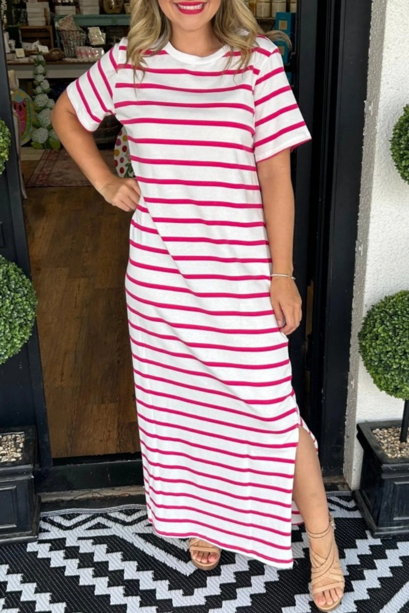 Casual Striped Print Slit O Neck Long Dresses(6 Colors) Pink