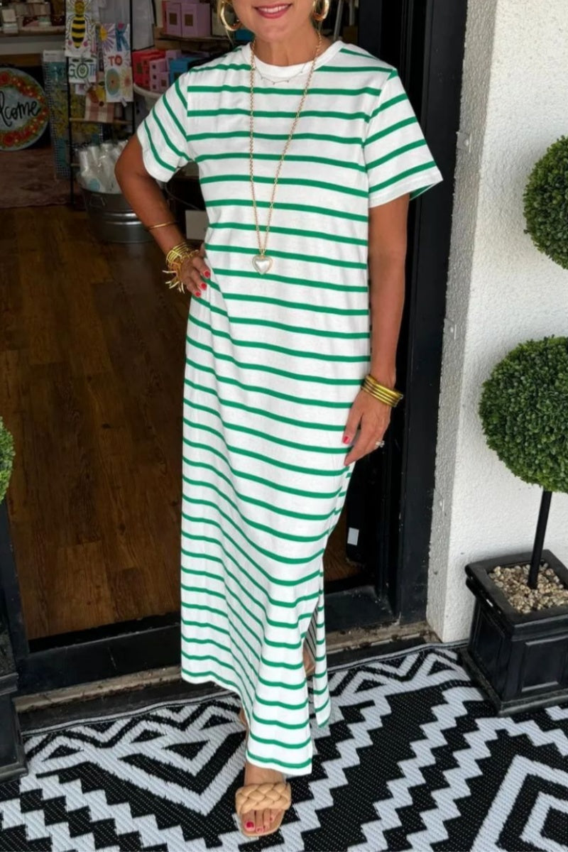 Casual Striped Print Slit O Neck Long Dresses(6 Colors) Green