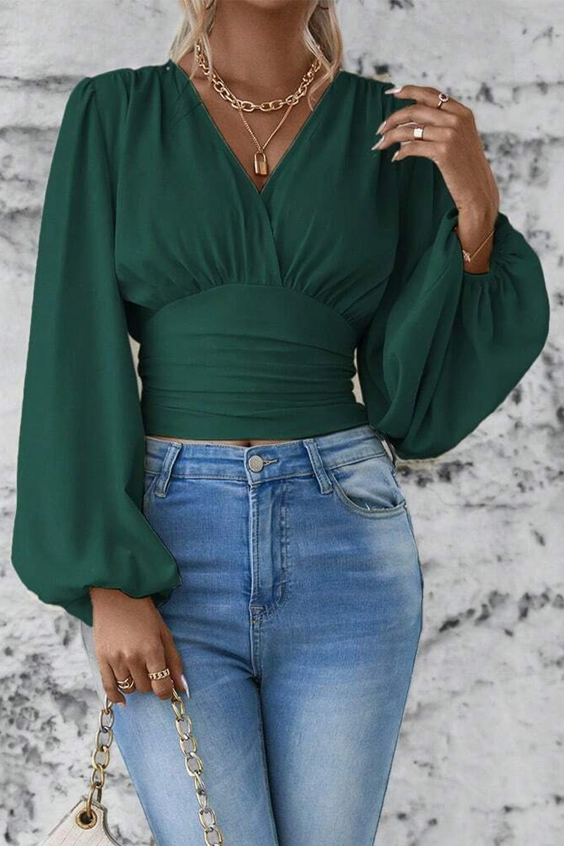 Daily Elegant Solid Color Ruched V Neck Tops(6 Colors) Ink Green