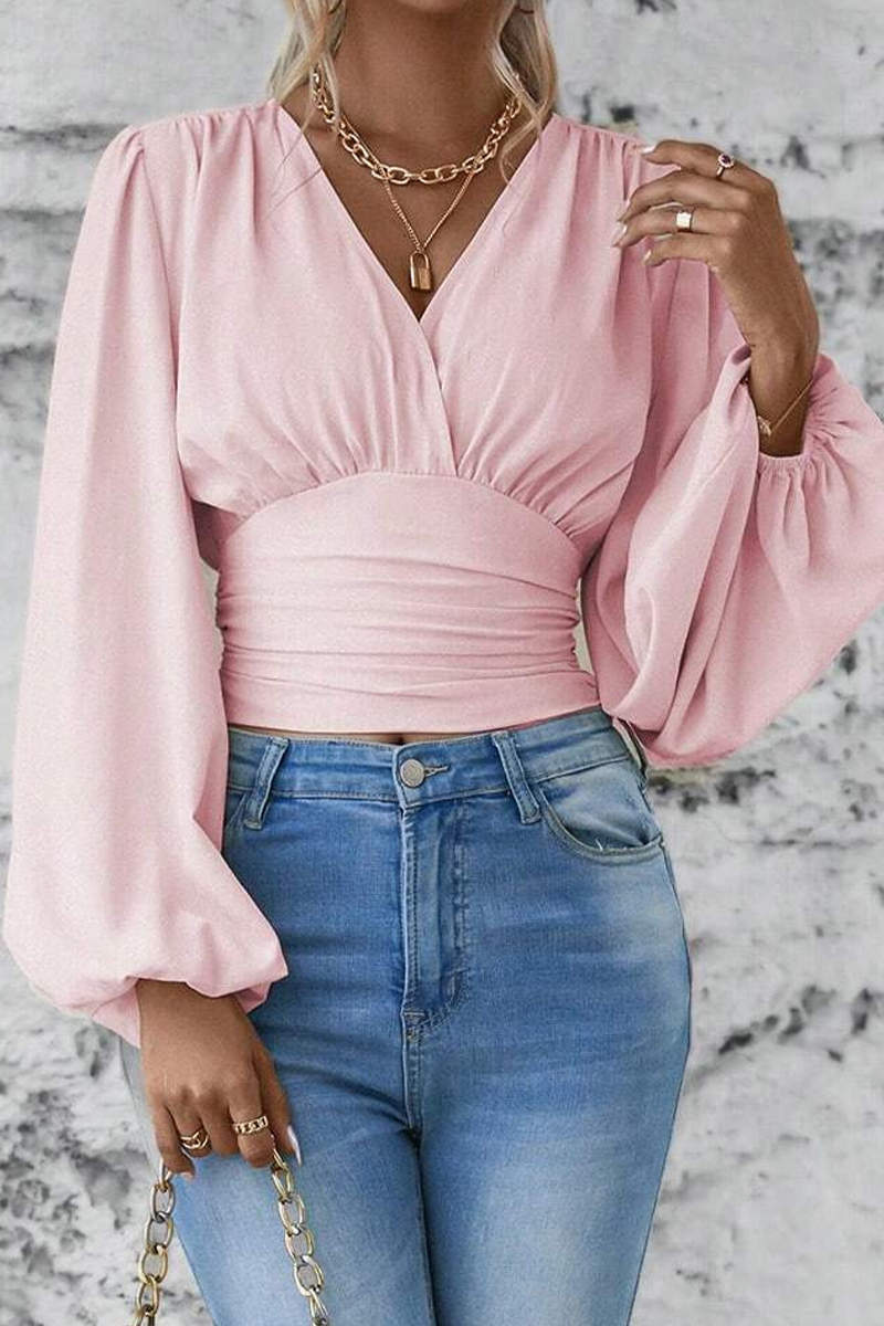 Daily Elegant Solid Color Ruched V Neck Tops(6 Colors) Pink