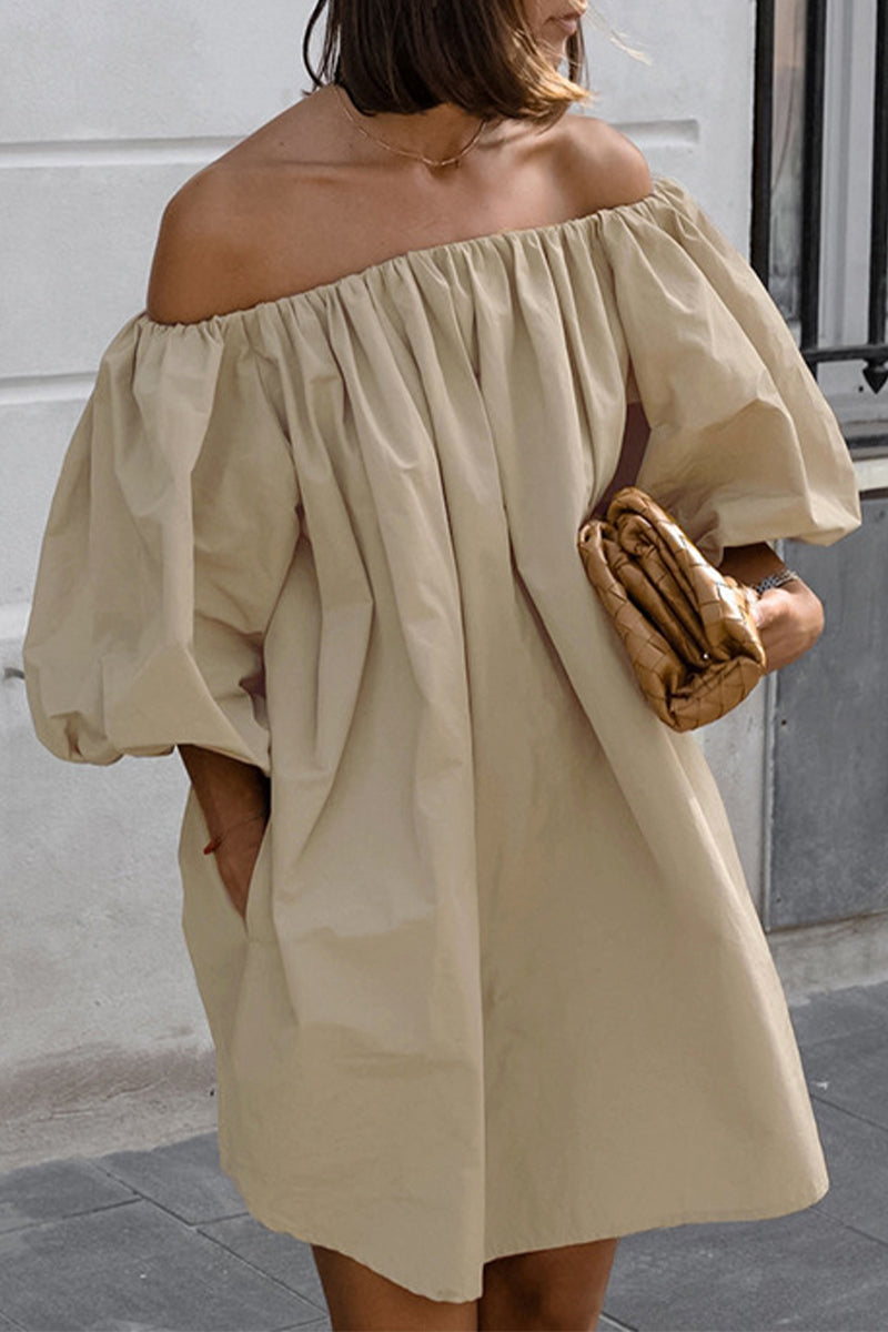 Sexy Solid Color Pocket Ruched Off Shoulder Lantern Skirt Dresses Khaki