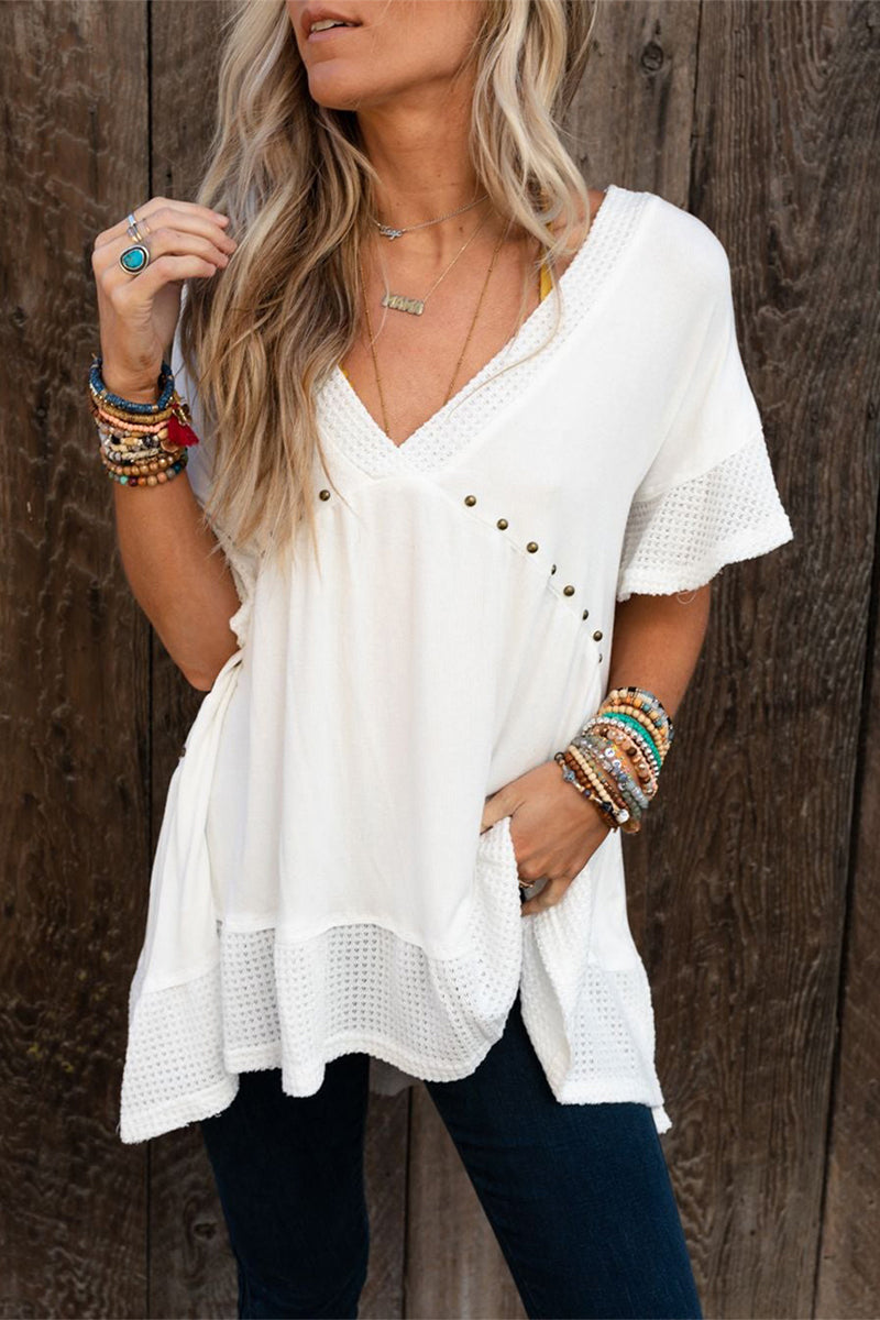 Casual Solid Color Beading V Neck T-Shirts White