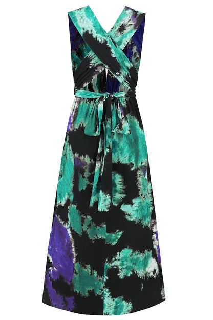 Sexy Tie Dye Print Cross Straps Contrast V Neck Sleeveless Dresses（A variety of binding methods）(3 Colors)