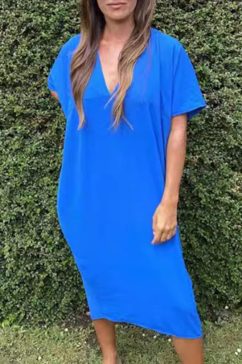 Casual Solid Color Slit V Neck Short Sleeve Short Sleeve Dress(3 Colors) Royal Blue