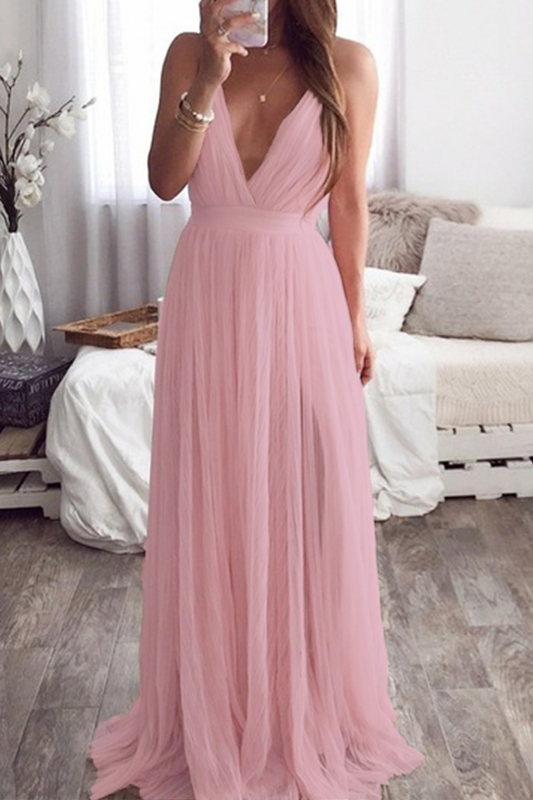 Sexy Solid Color Backless Mesh V Neck Evening Dresses Pink