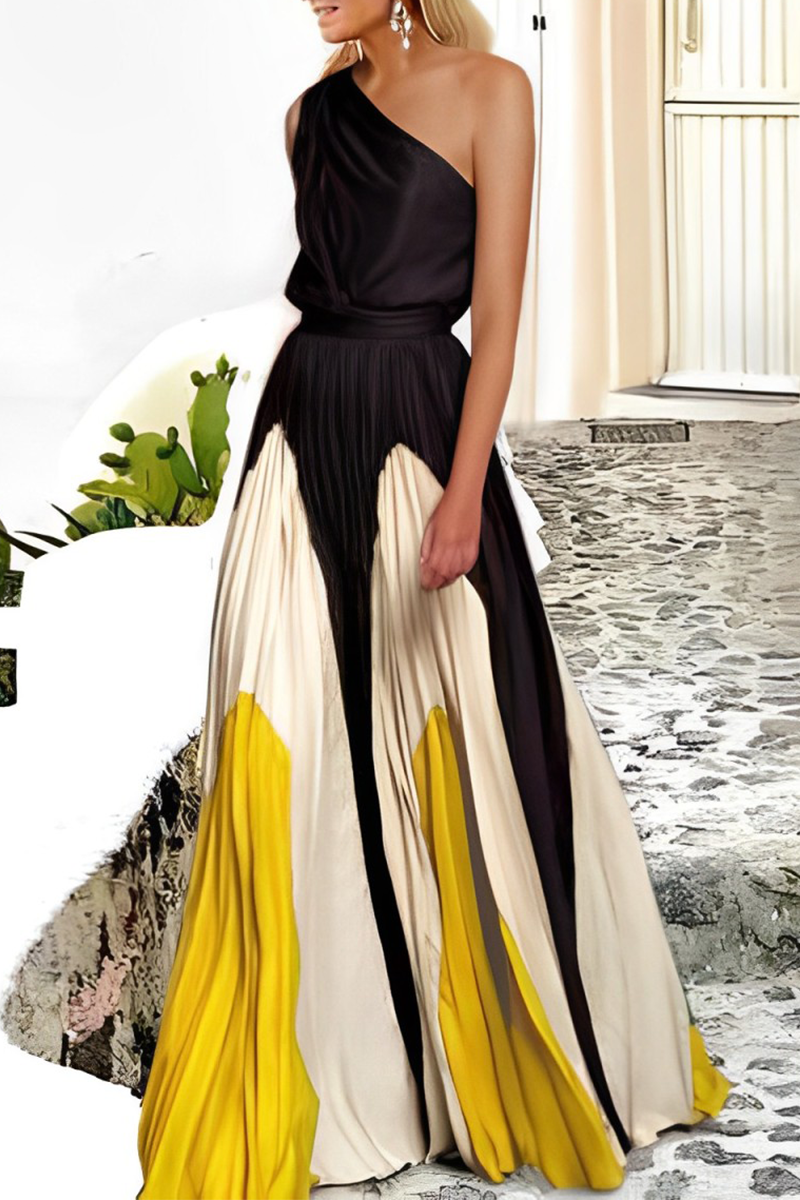 Fashion Elegant Patchwork Contrast Oblique Collar Waist Skirt Dresses(7 Colors) Black Yellow