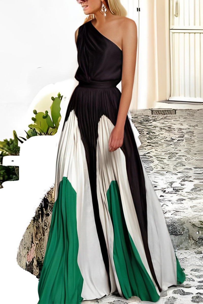 Fashion Elegant Patchwork Contrast Oblique Collar Waist Skirt Dresses(7 Colors) Black Green