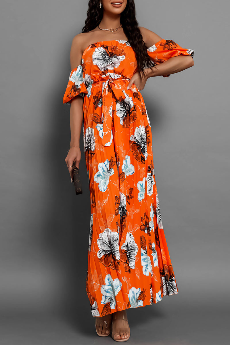 Sexy Floral Print Lace Up Pleated Off Shoulder Printed Dresses(6 Colors) Orange