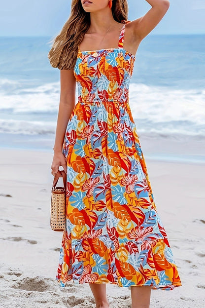 Casual Vacation Floral Print Lace Up Square Neck Sling Dresses Orange