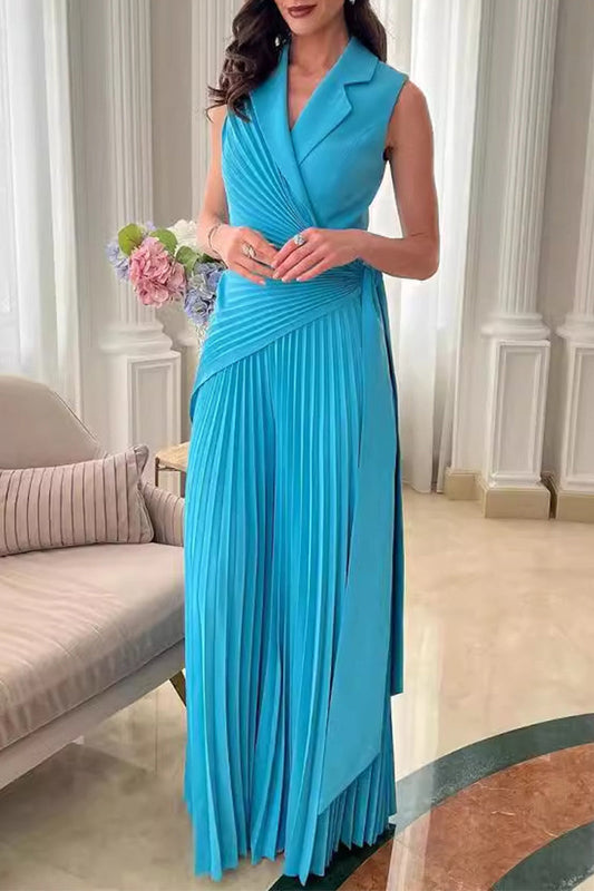 Casual Solid Color Lace Up Ruched Pleated Turn-back Collar Regular Jumpsuits Lake Blue