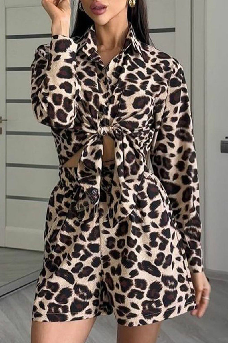 Casual Street Leopard Print Pocket Knotted Turndown Collar Long Sleeve Two Pieces Leopard Print