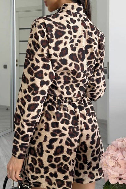 Casual Street Leopard Print Pocket Knotted Turndown Collar Long Sleeve Two Pieces